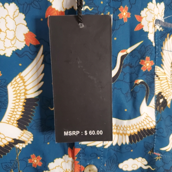 Public Record Polyester Mens Flying Crane Floral Button Up Shirt - Picture 6 of 6